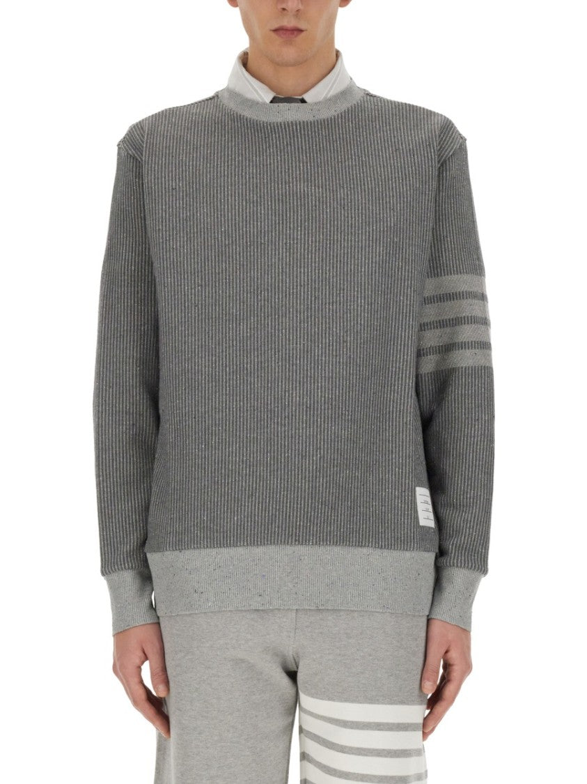 Thom Browne Ribbed Grey Sweater With Striped Sleeves