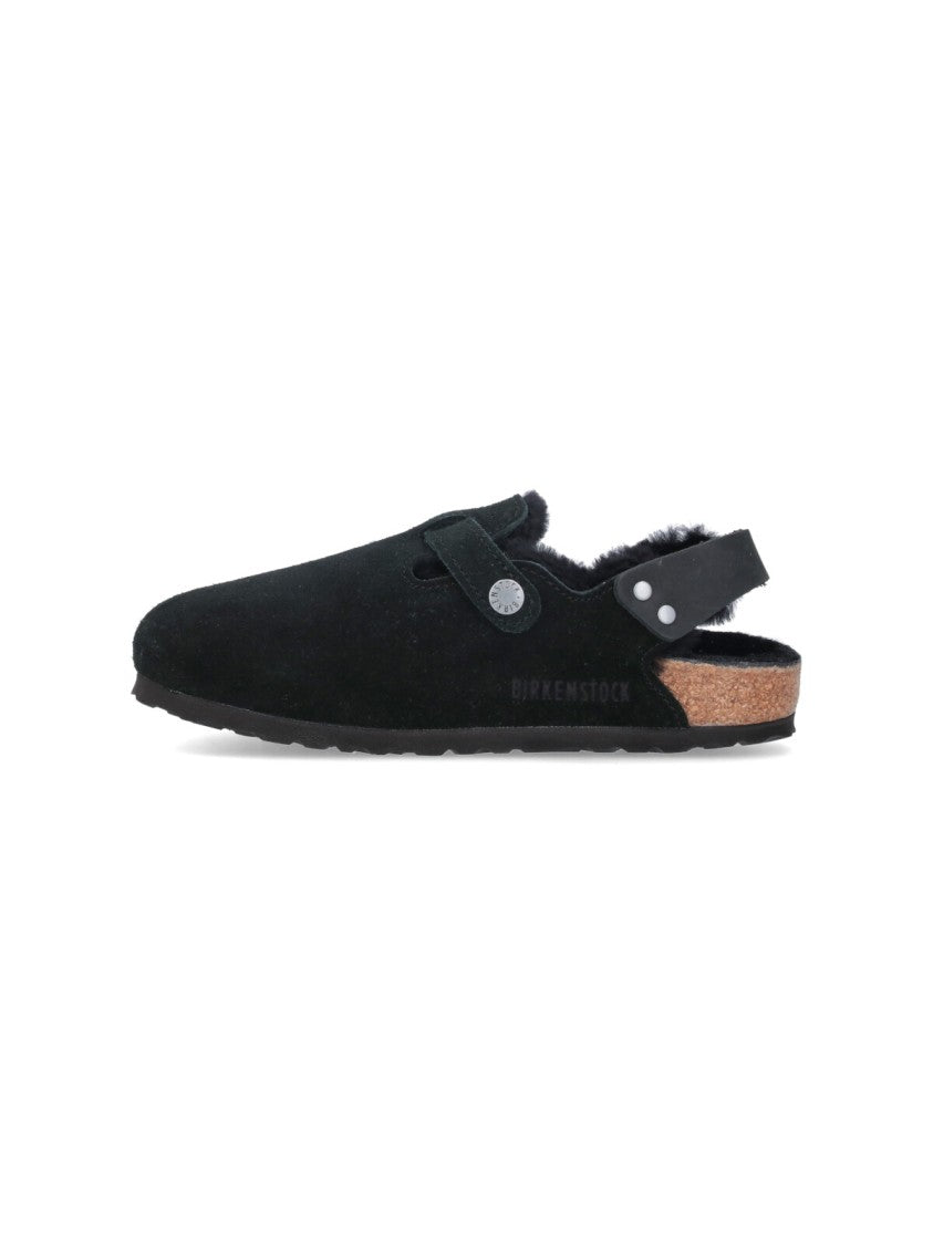 Birkenstock Tokio Fur Mules In Black Suede