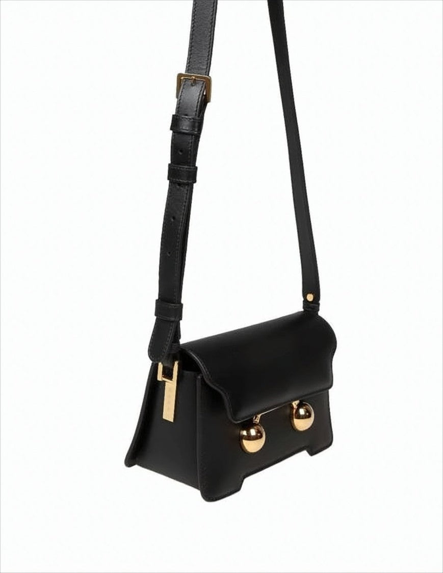 Marni Structured Black Leather Shoulder Bag With Gold-Tone Accents