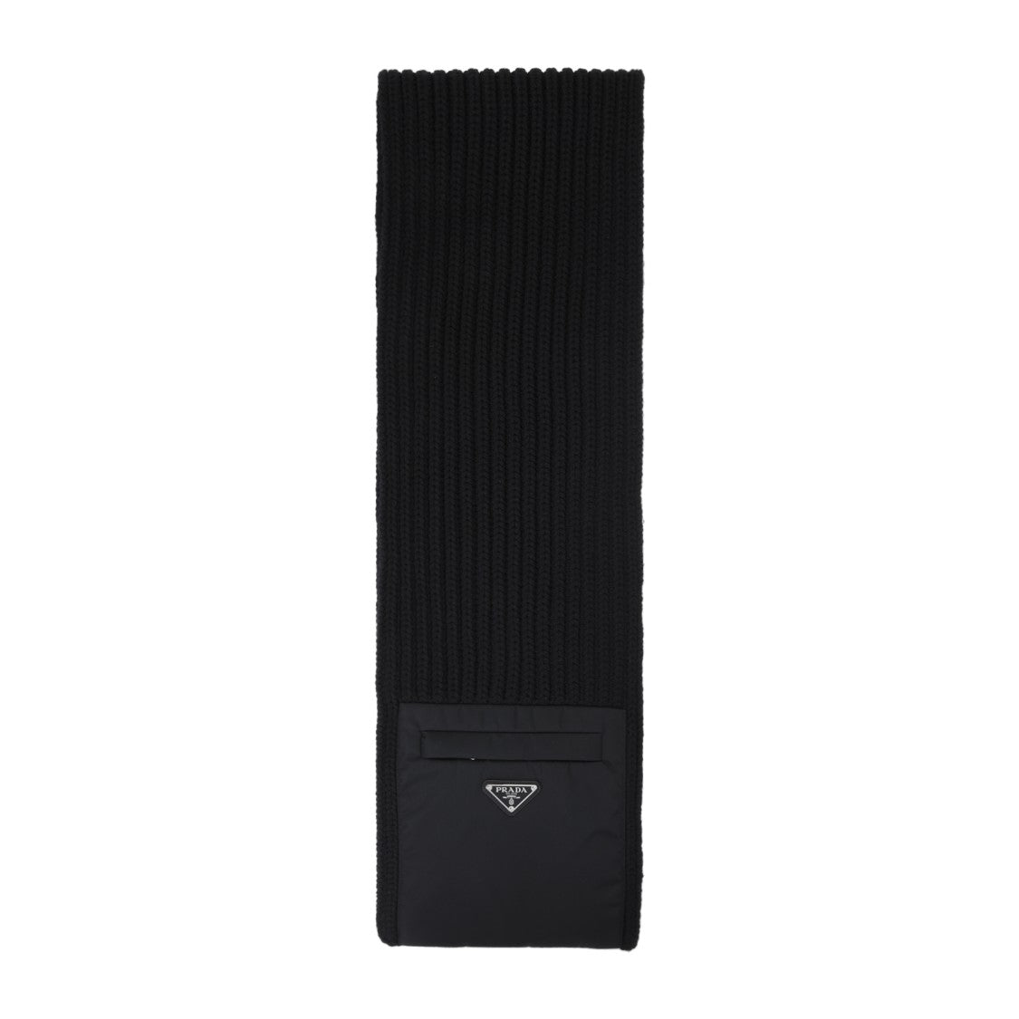 Prada Textured Knit Black Wool-Cashmere Scarf With Logo Pocket