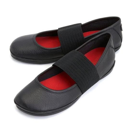 Camper Rounded Square Toe Black Calf Leather Flats With Elastic Strap