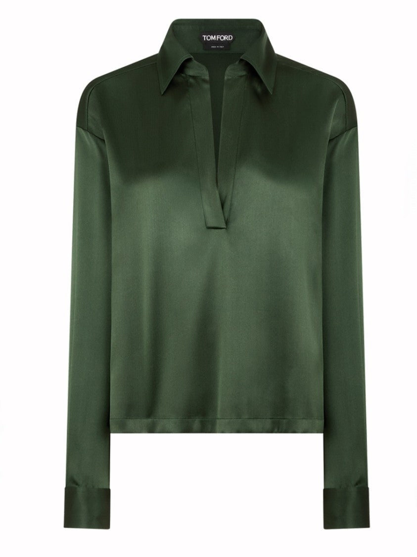 Tom Ford Deep Green Smooth Satin Finish V-Neck Shirt