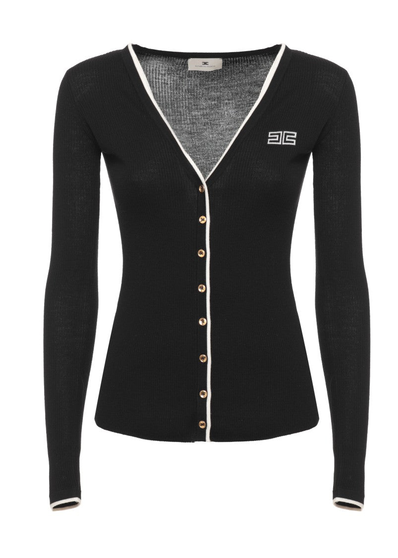 Elisabetta Franchi Fitted Black Ribbed Wool Sweater With Gold Button Accents