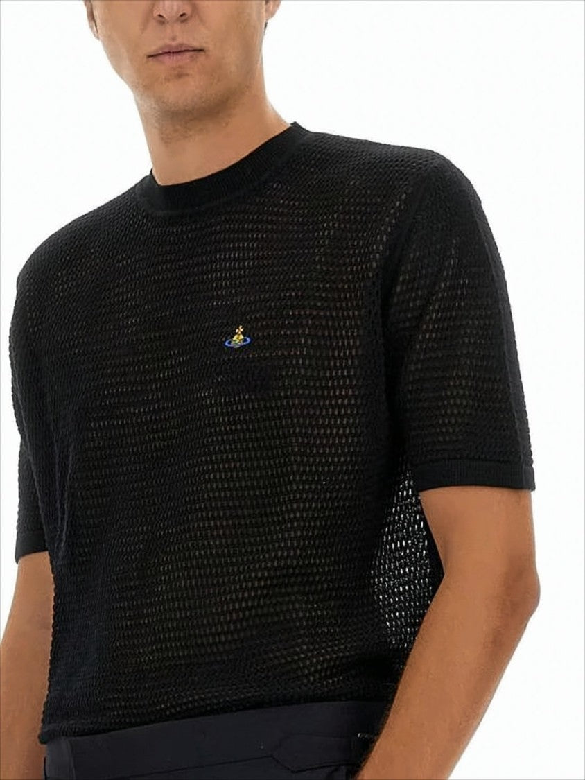 Vivienne Westwood Open-Knit Short Sleeve Sweater With Embroidered Logo