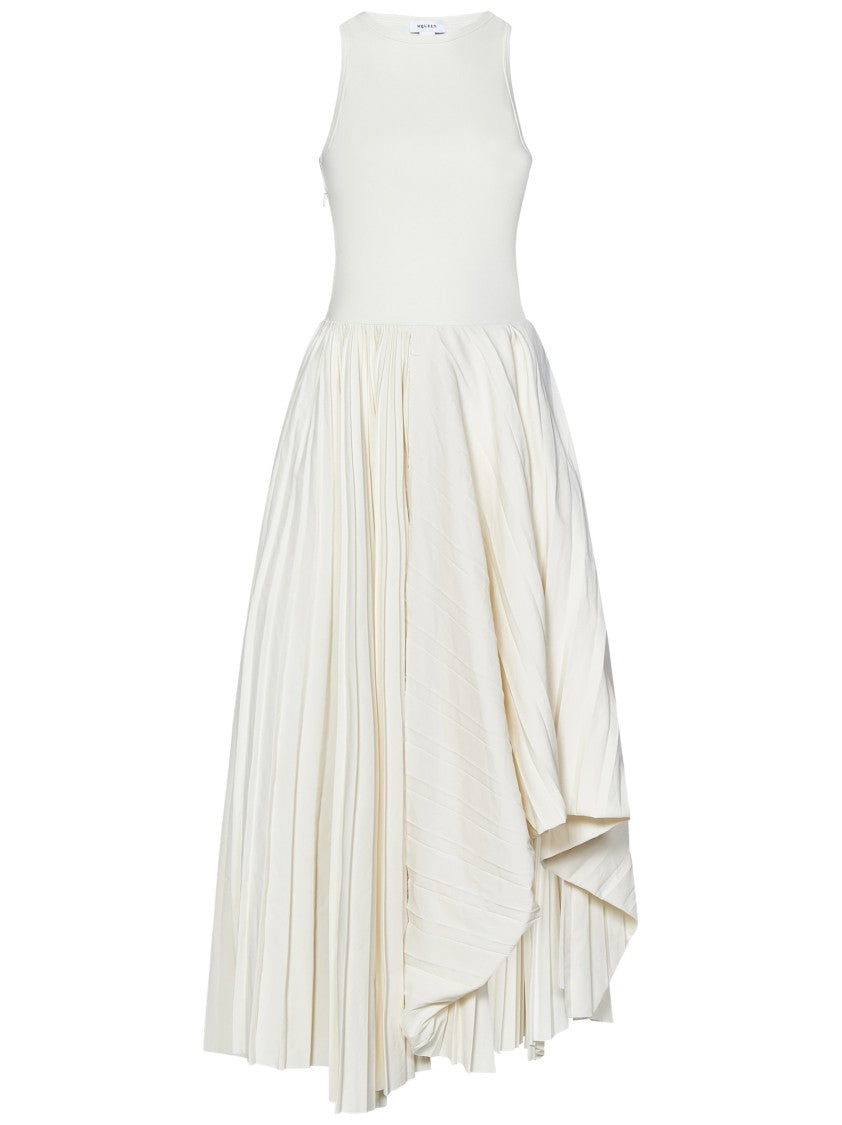 Alexander Mcqueen Ivory Cotton Jersey Maxi Dress With Asymmetric Viscose Skirt