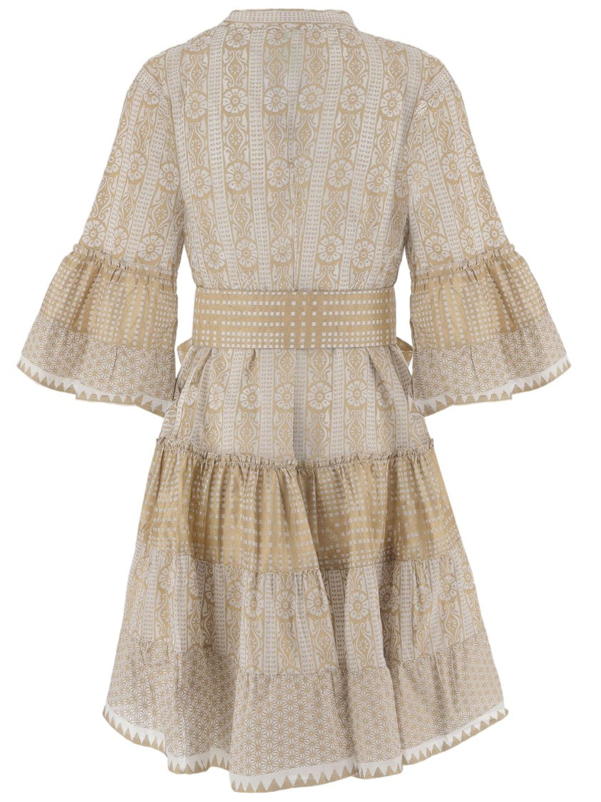 Pep's Cannes Geometric Patterned Cotton Dress With Mandarin Collar And Ruffled Hem