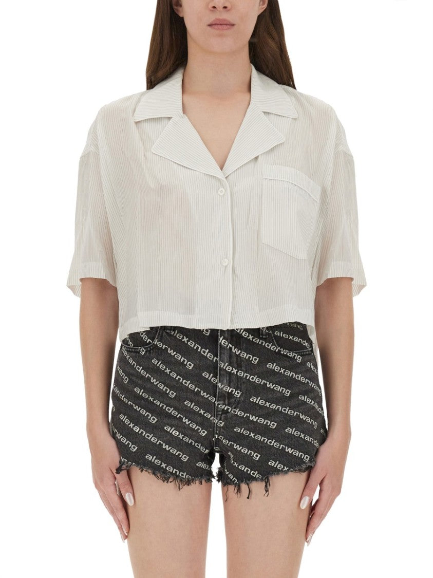 T By Alexander Wang Cropped Striped Shirt With Embroidered Logo