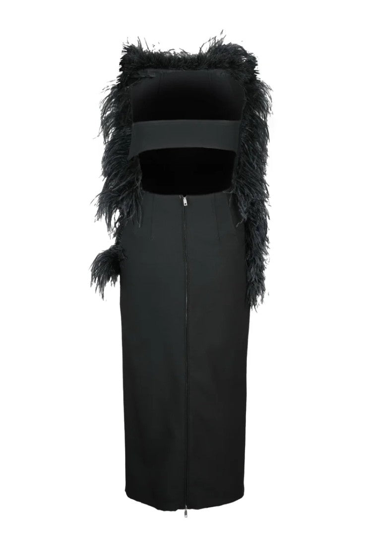 Sportmax Midi Dress With Ostrich Feathers - Black
