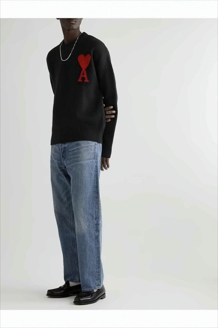 Ami Black Wool Sweater With Red Heart Design