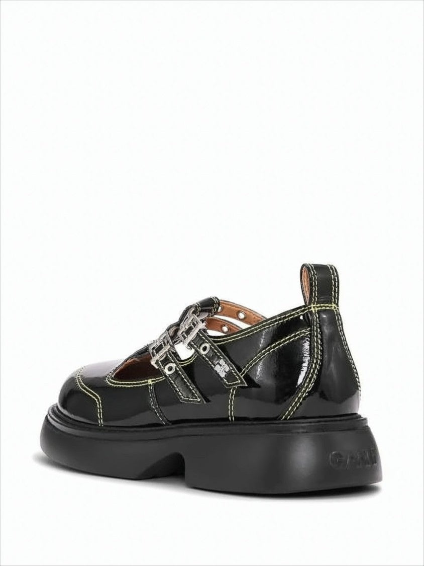 Ganni Glossy Black Flat Shoes With Double Buckle Straps