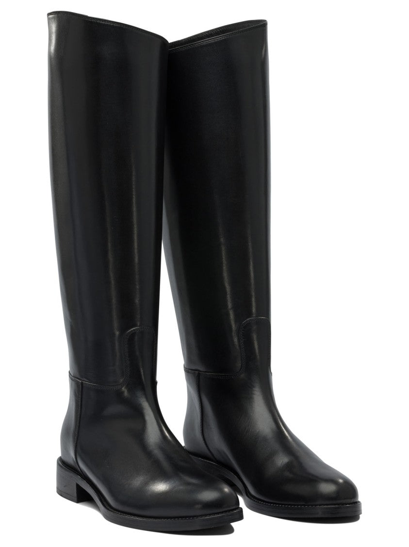 Maretto Knee-High Black Leather Boots With Design