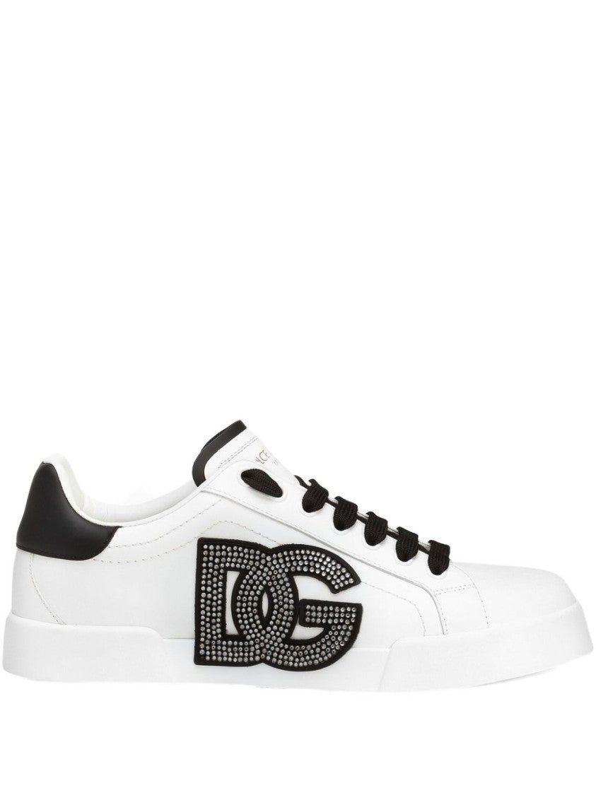 Dolce & Gabbana Low-Top Leather Sneakers With Rhinestone Logo Accents