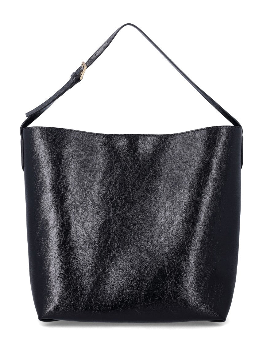Themoirè Structured Black Handbag With Adjustable Shoulder Strap
