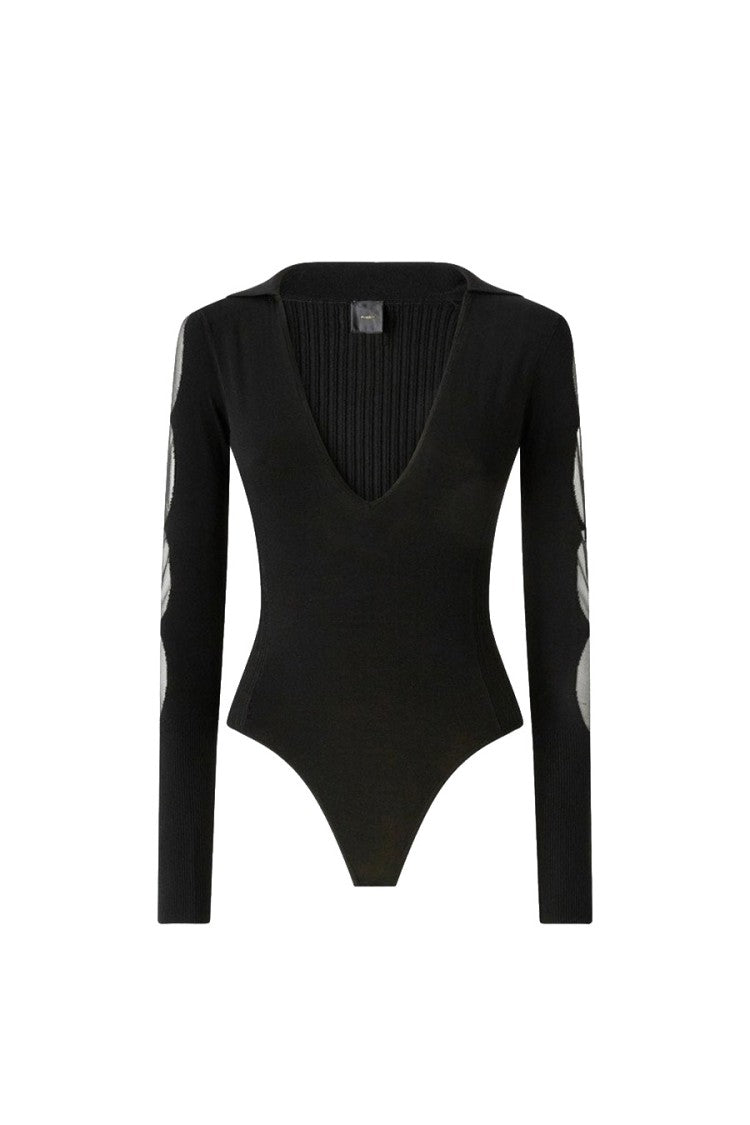 Pinko Black Viscose-Blend Sheer-Panel Top Bodysuit