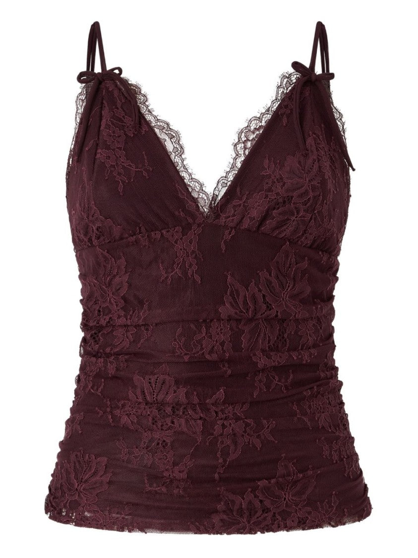 Pinko Floral Lace Top With Ruffled Details And V-Neck