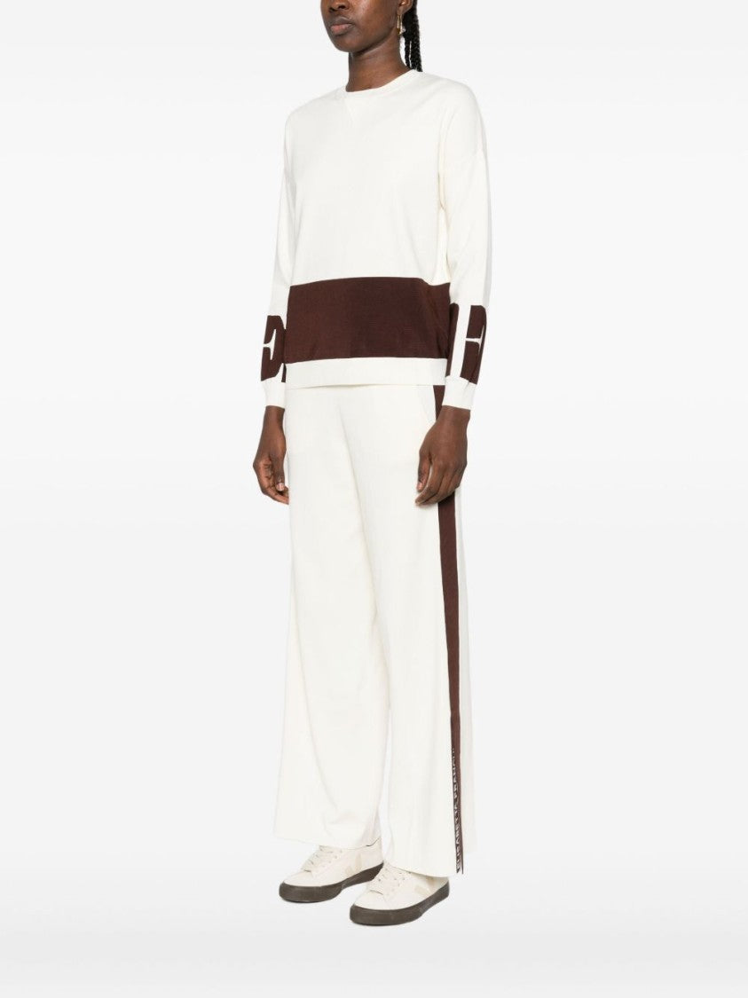 Elisabetta Franchi Lightweight White Sweater With Brown Graphic Band