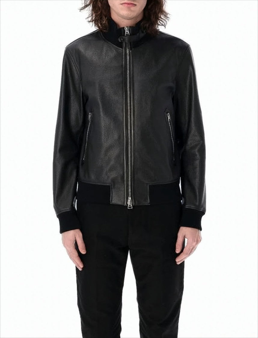 Tom Ford Black Leather Jacket With Ribbed Cuffs