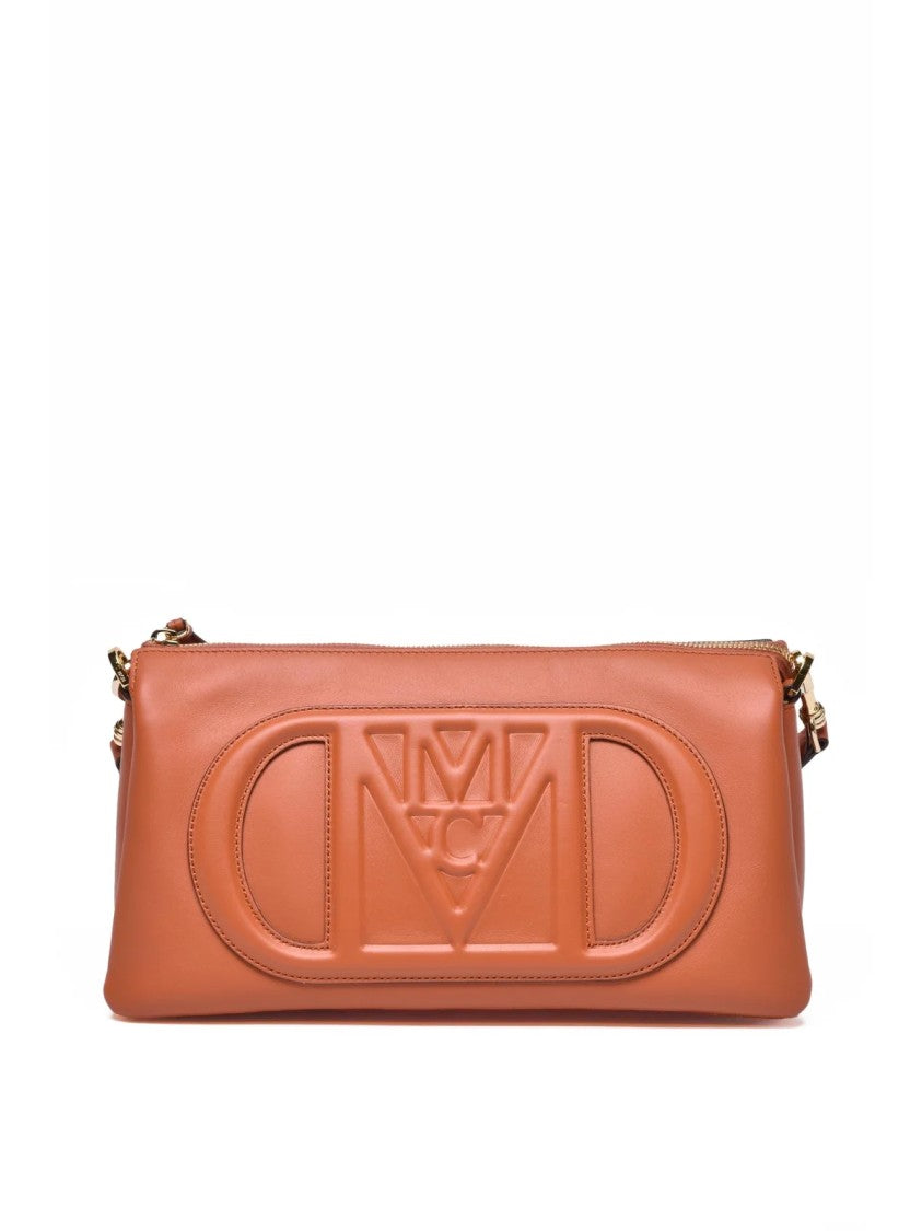 Mcm Brown Embossed Logo Leather Shoulder Bag