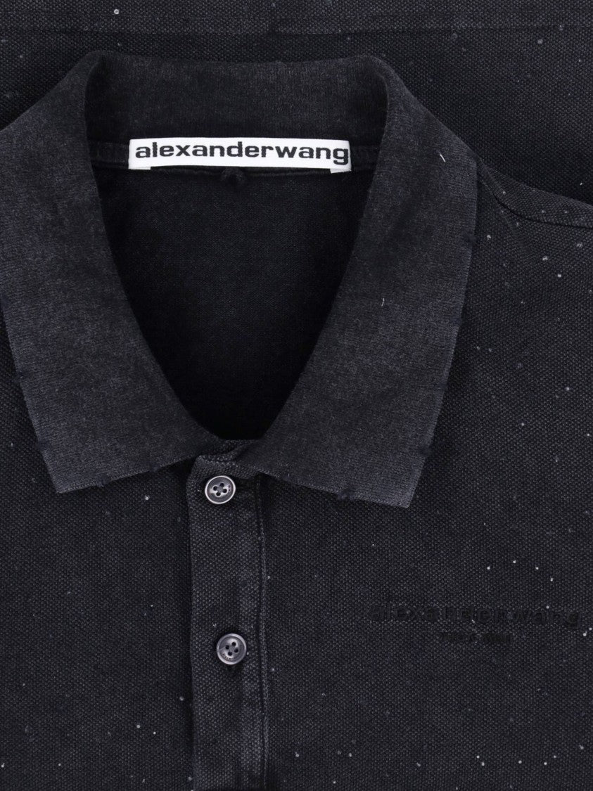 Alexander Wang Black Crystal Shrunker Cropped Cotton Polo Shirt