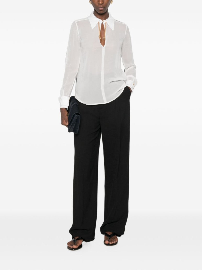 Elisabetta Franchi White Sheer Long-Sleeved Gold Chain Blouse
