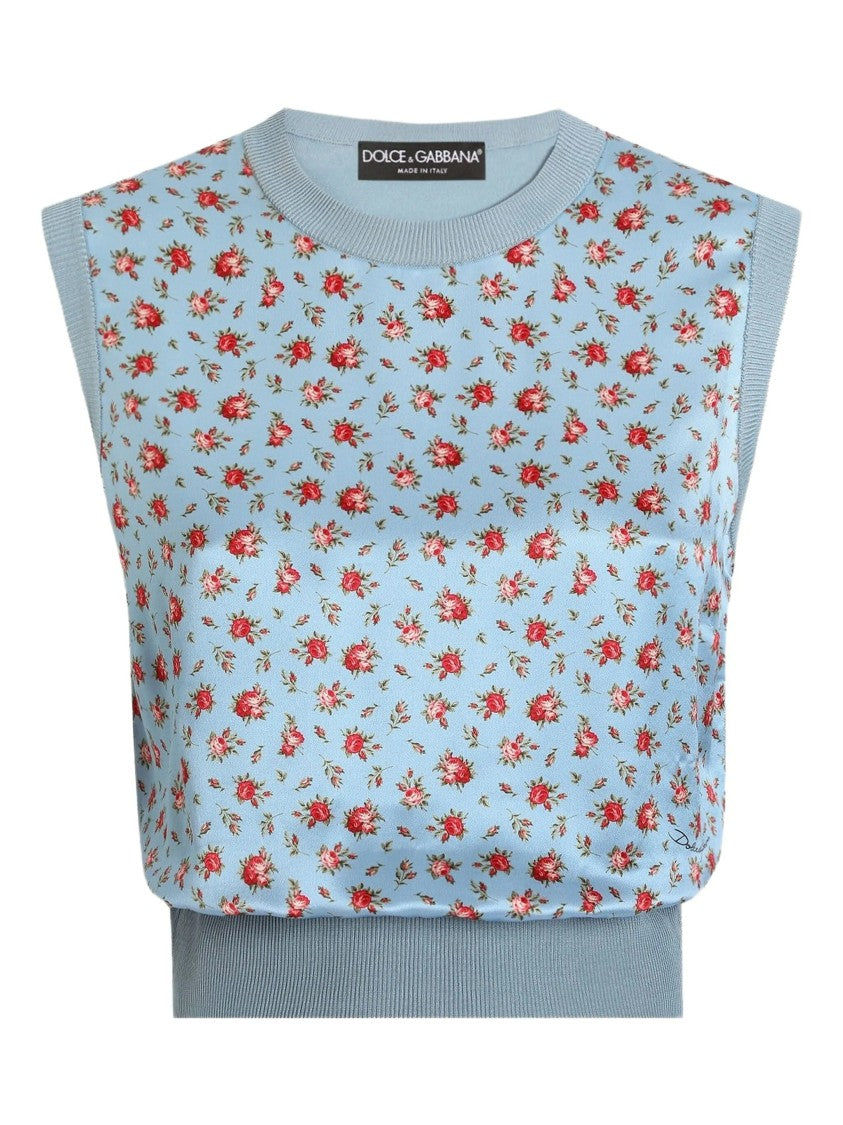 Dolce & Gabbana Light Blue Floral Print Silk Top