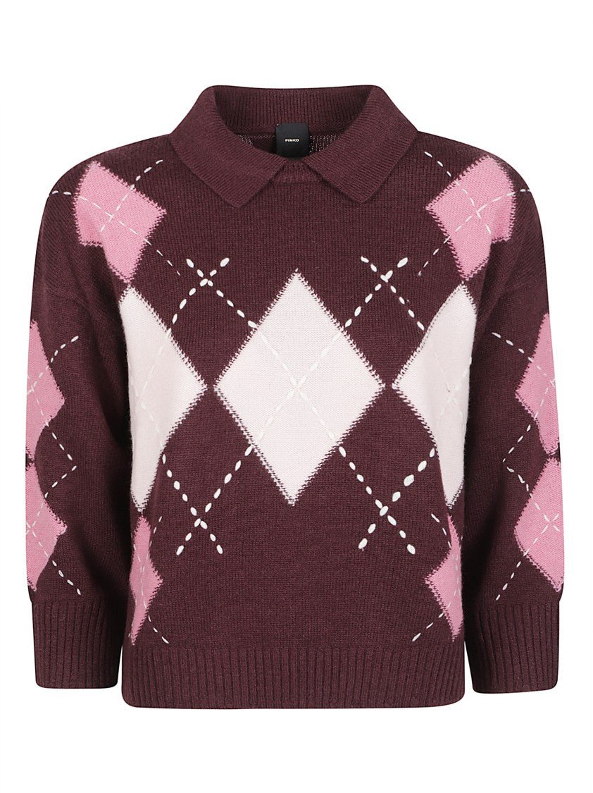 Pinko Cork Wool-Blend Argyle Cropped Polo Knit