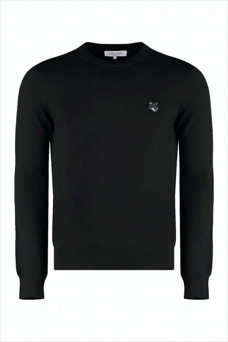 Maison Kitsuné Crewneck Black Wool Sweater With Embroidered Fox Emblem
