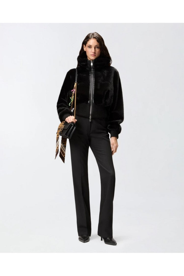 Pinko Black Polyester Faux Fur Hooded Bomber Jacket