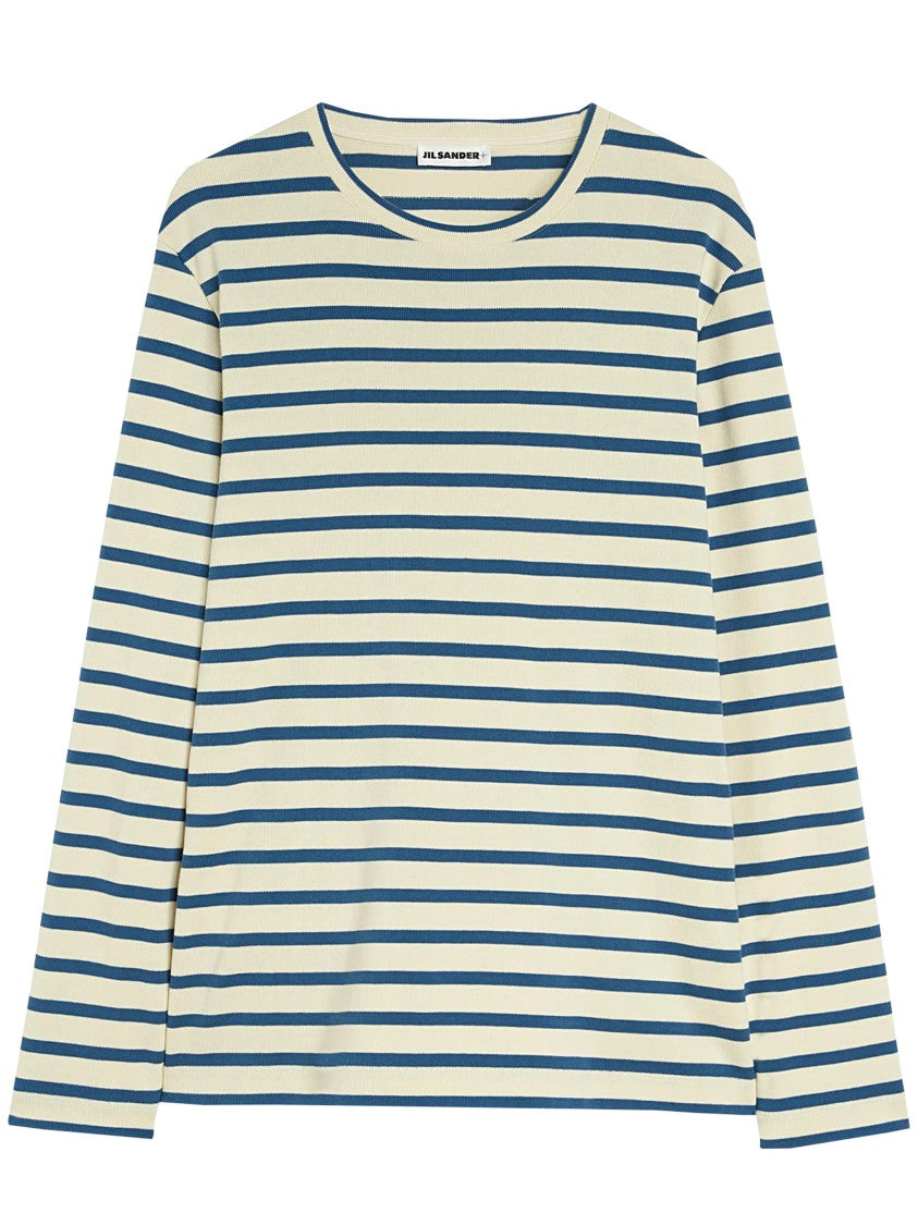 Jil Sander Cream/Blue Stripe Long-Sleeve Cotton Top