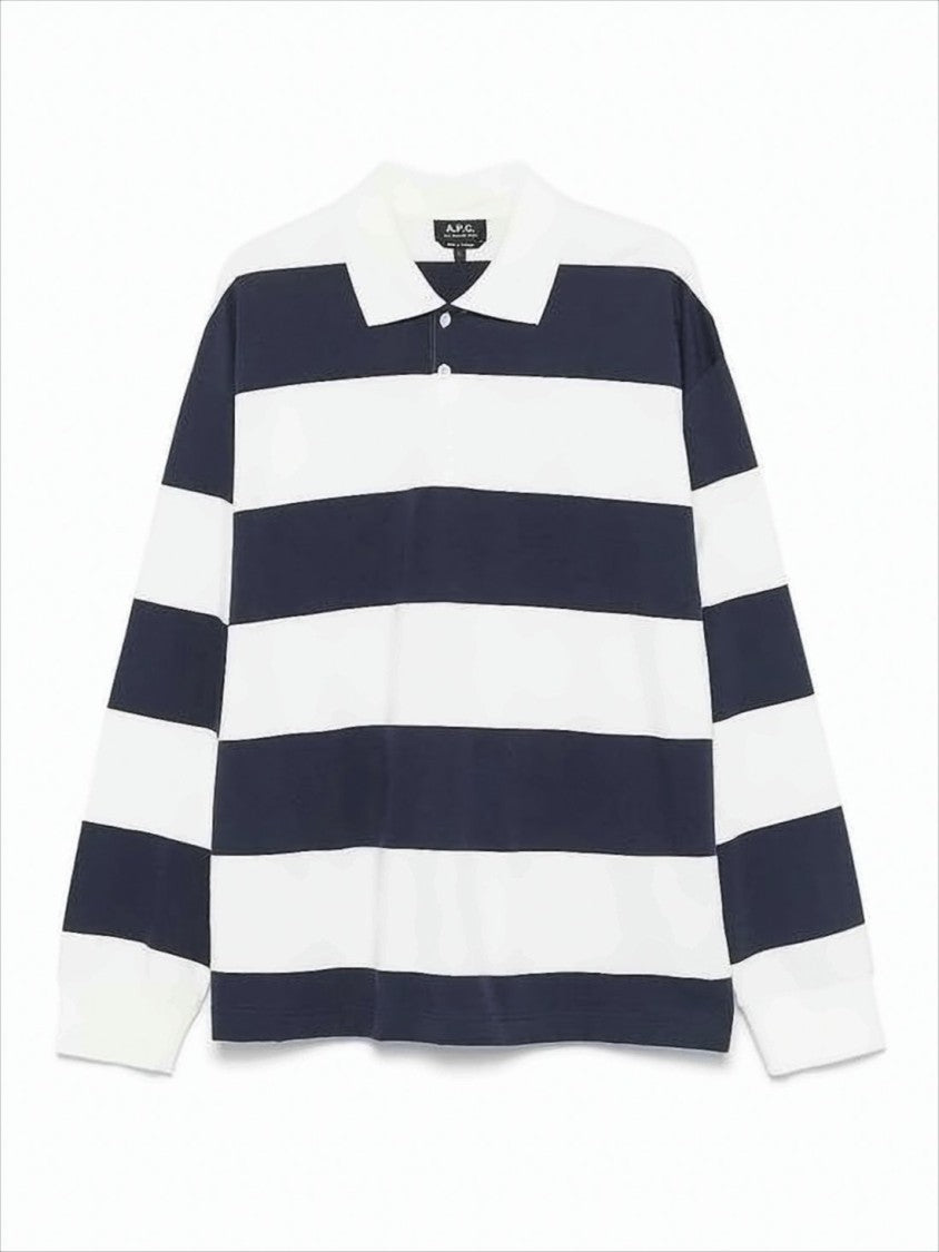 A.P.C. Horizontal Striped Polo Collar Shirt In Navy