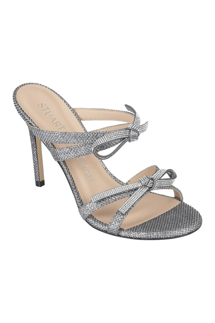 Stuart Weitzman Silver Glitter Slide Sandal With Bow Accents