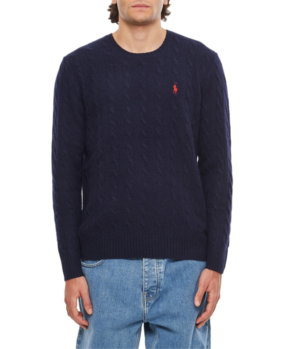 Polo Ralph Lauren Blue Cable-Knit Wool-Cashmere Crewneck Sweater