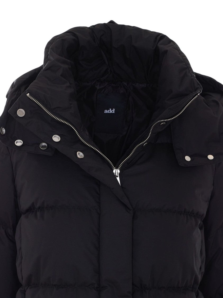 Add Knee-Length Black Quilted Puffer Coat With Removable Hood
