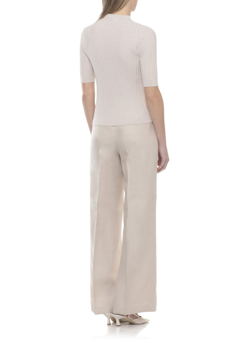 Peserico Beige Ribbed Pattern Cotton Knit Top