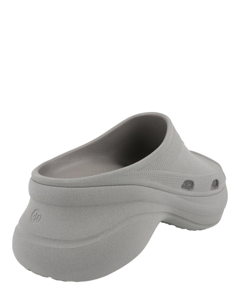 Balenciaga Debossed Logo Grey Pool Slides With Chunky Block Heel