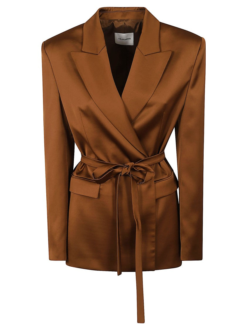 The Andamane Belted Satin Blazer With Structured Shoulders