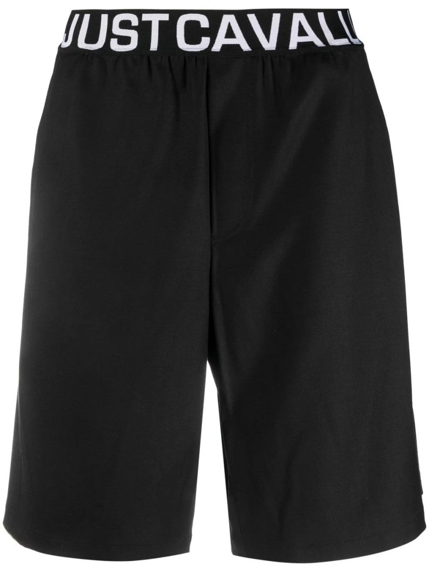 Just Cavalli Mid-Thigh Black Logo Jacquard Shorts