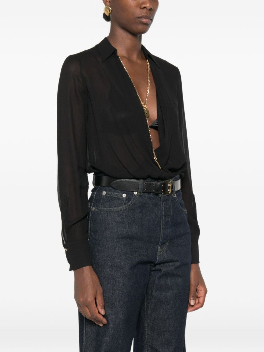 Elisabetta Franchi Black Sheer Bodysuit Gold Chain Shirt
