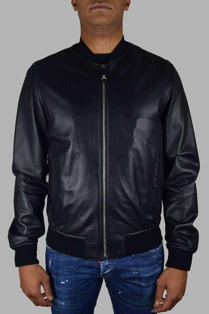 Philipp Plein Black Leather Bomber Jacket With Skull Design
