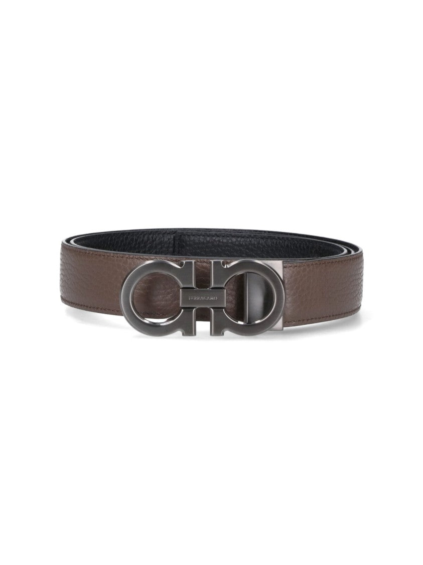 Ferragamo Reversible "Gancini" Belt In Black Calfskin On One Side