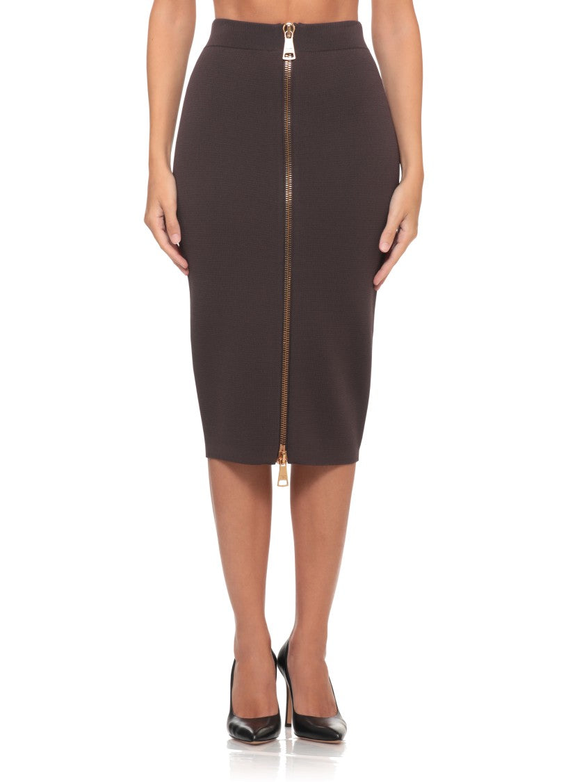 Elisabetta Franchi High-Waisted Brown Midi Skirt With Maxi Gold Zip Closure