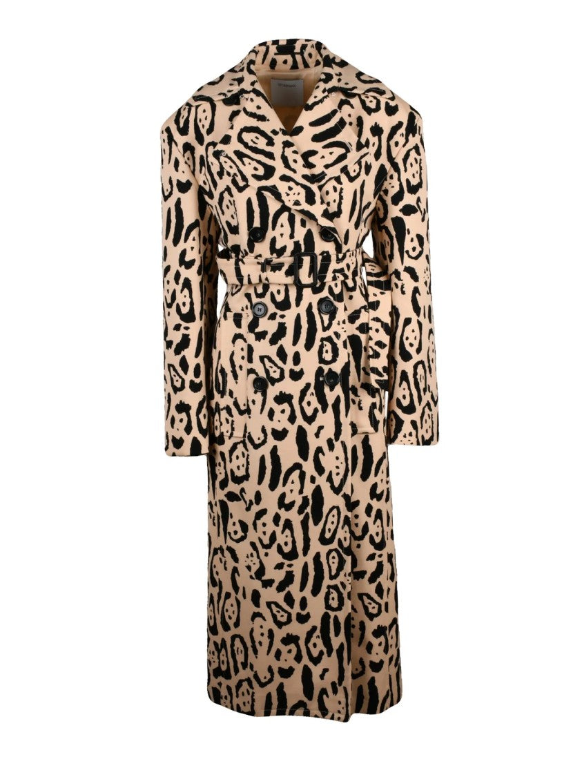 Sportmax Double-Breasted Animal Print Trench Coat With Lined Interior
