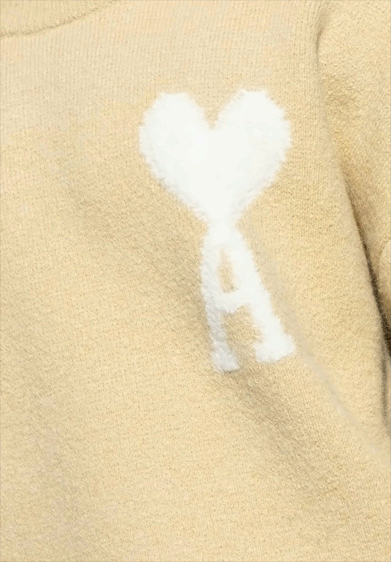 Ami Round Neck Knit Sweater With Fuzzy Heart Logo