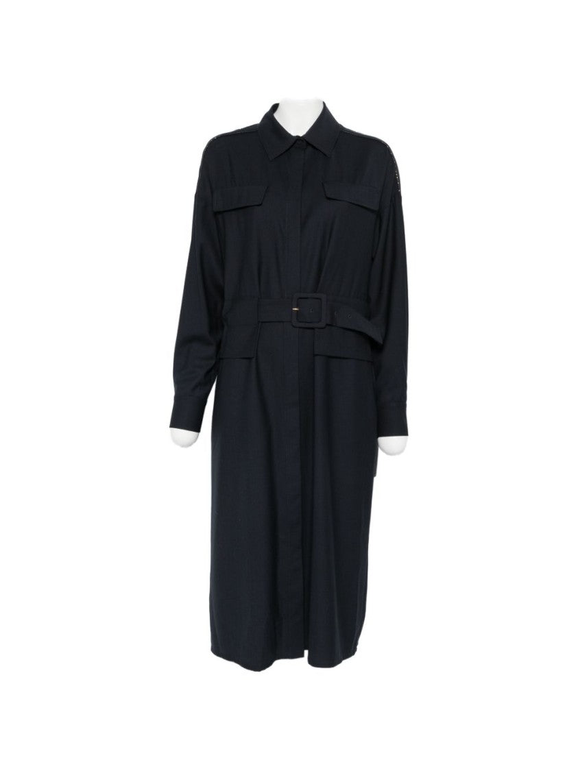 Fabiana Filippi Black Pointed Collar Fabric Belt Midi Dress