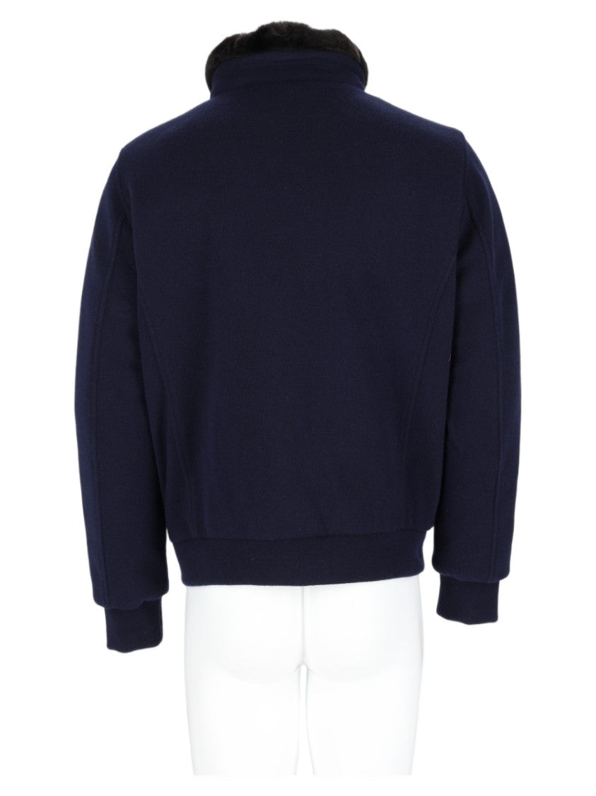 Moorer Navy Blue Cropped Jacket With Plush Fur Collar