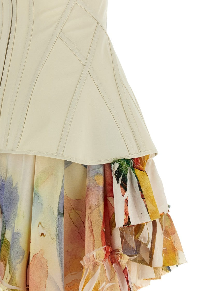 Mcqueen Asymmetrical Silk Corset Mini Dress With Abstract Print
