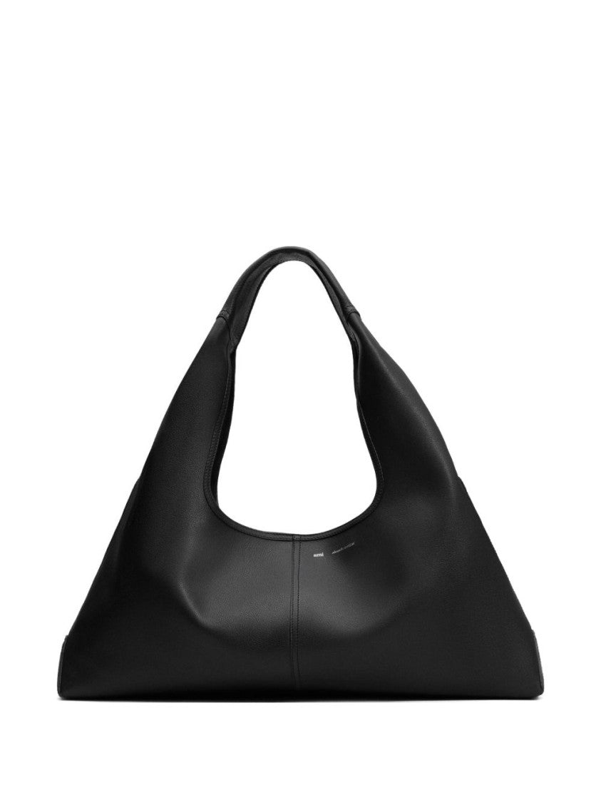 Ami Paris Black Leather Trapezoid Shape Handbag