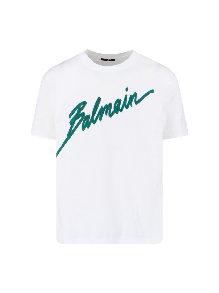 Balmain Crew Neck T-Shirt With Bold Green Logo Print