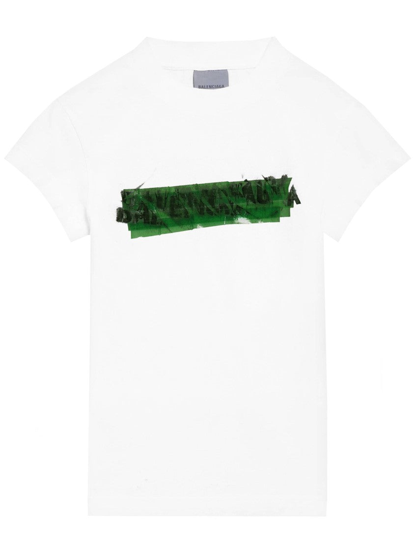 Balenciaga White Chopped Back Cropped Graphic T-Shirt