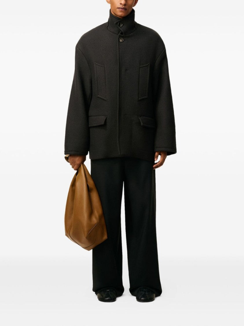 Ami Structured Grey Coat With High Collar And Button Closure